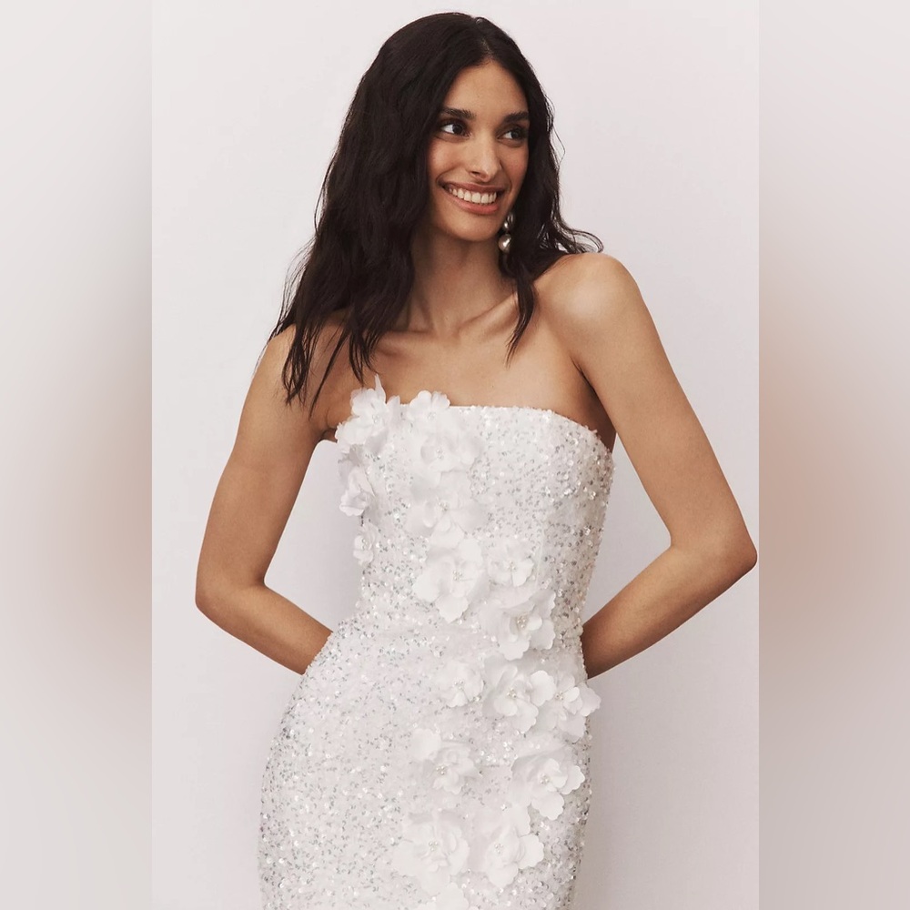 Heski Liliana White Sequin Midi Dress with Rose Appliqué